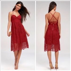 Lulus | Real Life Dream Berry Red Lace Midi Dress